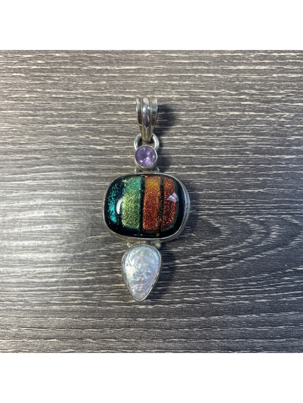 925 Sterling Silver Vintage Dichroic Glass Pendant Rainbow Mother Of Pearl 13g